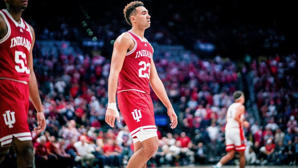 Senior forward Trayce Jackson-Davis walks off the court after the final buzzer Dec. 10, 2022 at the MGM Grand Arena in Las Vegas, Nevada. Indiana failed to come back from winter break with a win, falling 91-89 to Iowa on Thursday.
