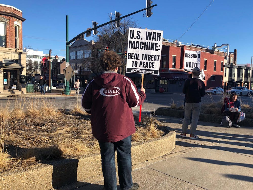 A demonstration against violence between Russian and American forces organized by ANSWER Indiana started at 4 p.m. on Feb. 20, 2022, at the intersection of Kirkwood Avenue and Walnut Street. The group of 25 people voiced its frustrations with NATO at a Sunday afternoon protest. 