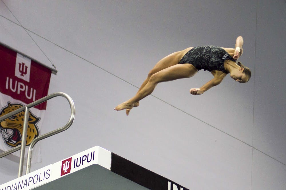 IU diver Jessica Parratto dives in the women's 10-meter event Sunday at the IUPUI Natatorium. Parratto took first in the event and qualified for the Olympics.