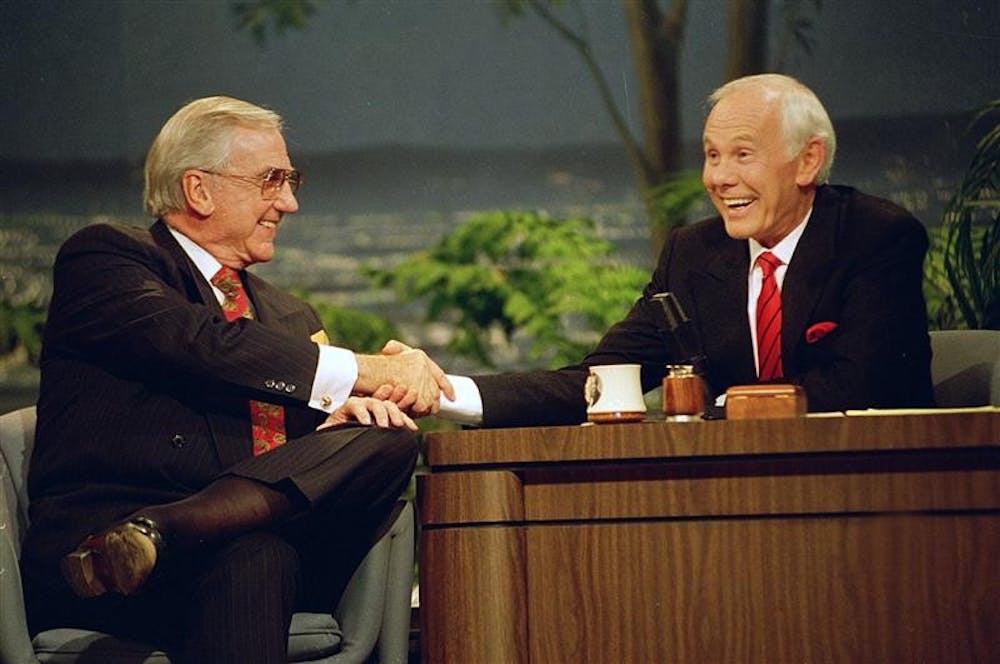 FILE - In this May 22, 1992 file photo, Ed McMahon, left, shakes hands with talk show host Johnny Carson, during the final taping of the "Tonight Show" in Burbank, Calif. McMahon died at a Los Angeles hospital, according to his publicist. He was 86. 