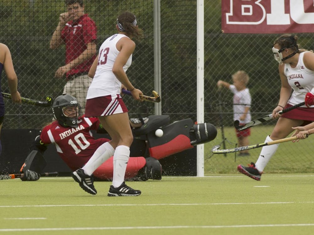 Then-freshman goalkeeper Noëlle Rother blocks a shot on goal during a game against Northwestern at the IU Field Hockey Complex on Spet. 27, 2015.
