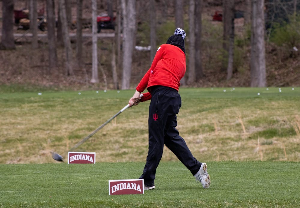 <p>Senior Alexis Miestowski drives a ball at IU Invitational April 9, 2022. Indiana finished in fourth place out of 11 teams at the IU Invitational this weekend at the Pfau Course in Bloomington.</p>