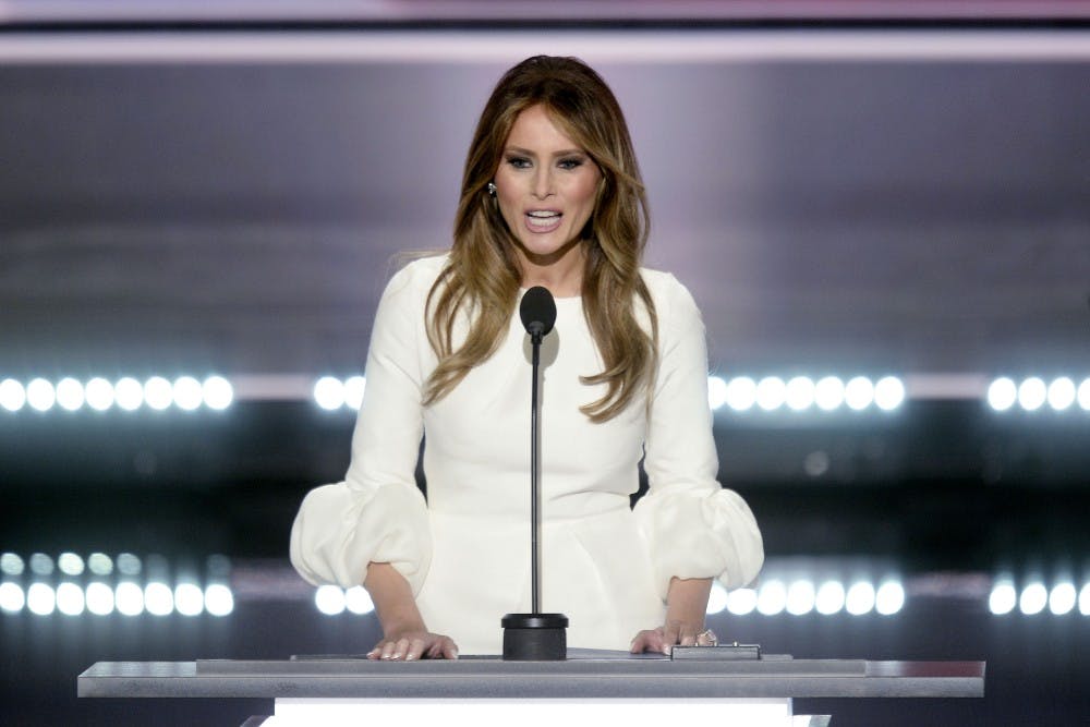 Melania Trump speaks on the first day of the Republican National Convention in Cleveland on Monday, July 18, 2016. (Olivier Douliery/Abaca Press/TNS)