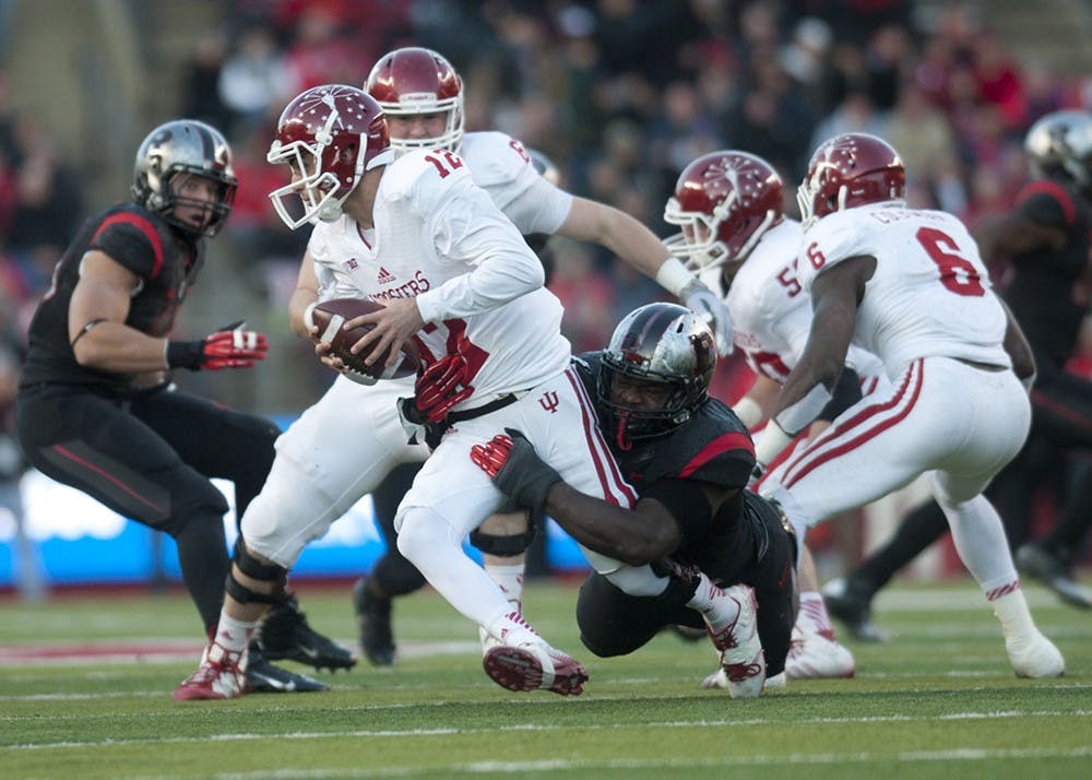 Freshman quarterback Zander Diamont gets sacked during IU's 45-23 loss against Rutgers on Saturday at High Point Solutions Stadium in Piscataway, N.J.