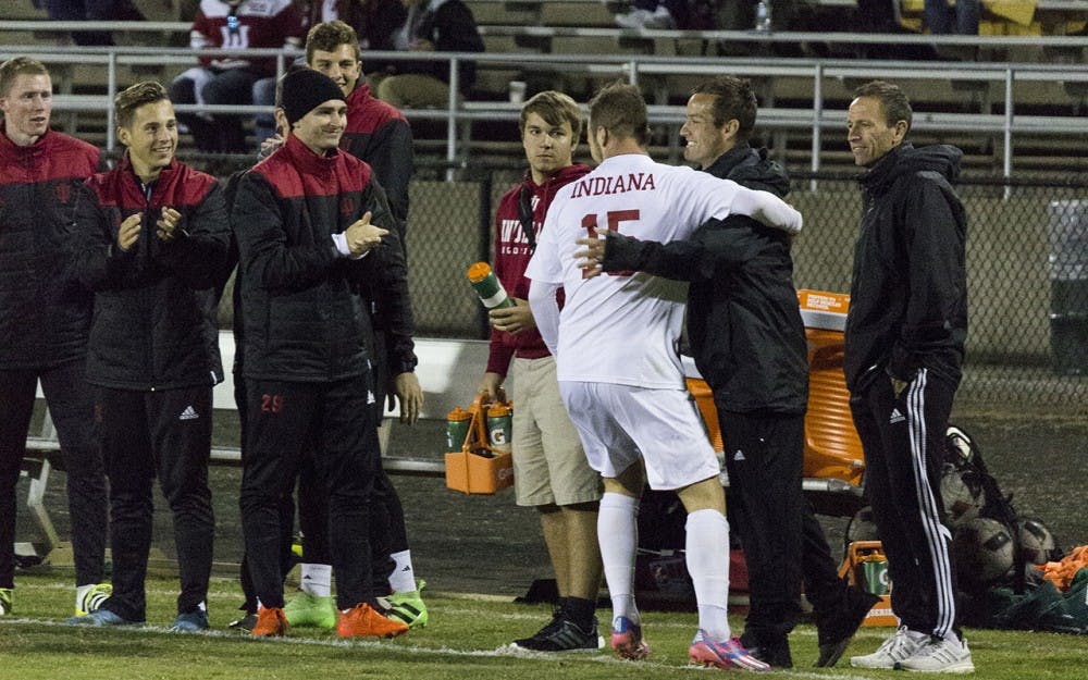 Sophomore defender Andrew Gutman runs over to celebrate with the bench after his header in Indiana's 5-0 victory over Saint Louis at BIll Armstrong Stadium.