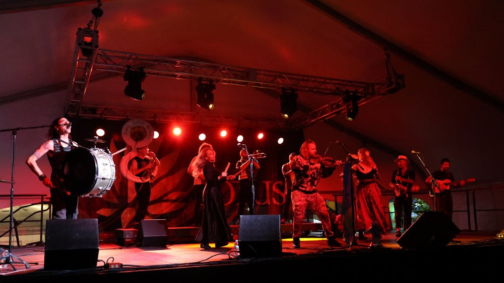 Lemon Bucket Orkestra plays Sept. 24, 2022, at the Sixth Street Tent at the 29th annual Lotus World Music and Arts Festival. The group is a Balkan Folk-Punk Brass Band from Toronto.