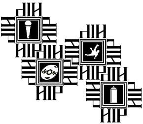 The HIP logo incorporates the four main elements of hip-hop: break dancing, MCing, DJing and graffiti.