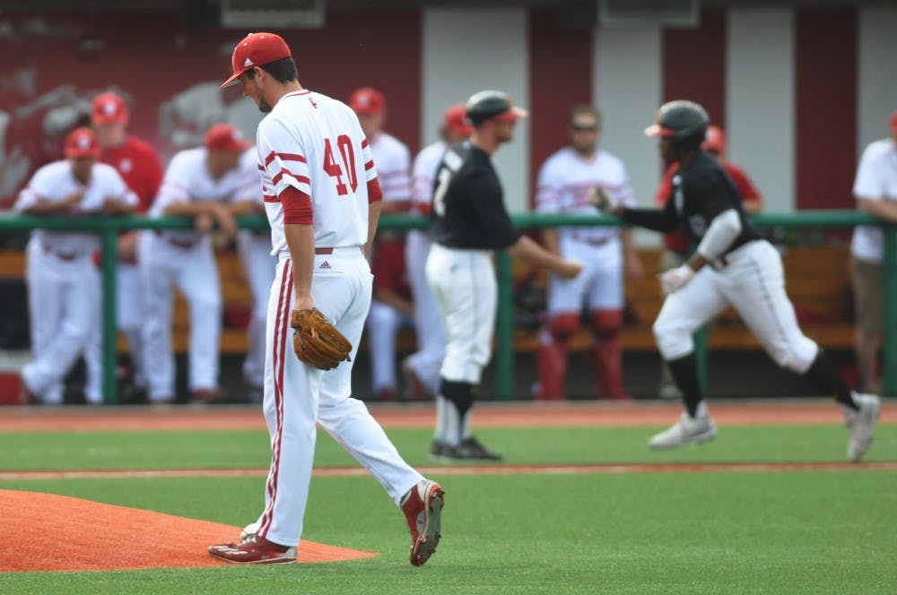 Pitcher Brian Hobbie walks back to the mound after giving up a 2-run Maryland Home Run in game 2 on Saturday.