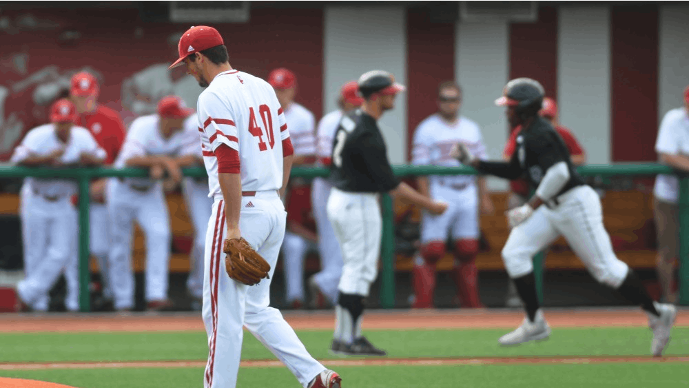 Pitcher Brian Hobbie walks back to the mound after giving up a 2-run Maryland Home Run in game 2 on Saturday.