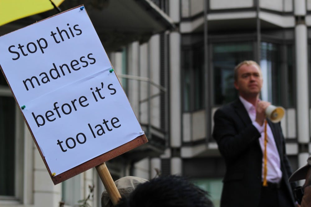 Liberal Democrats leader Tim Farron addresses the protesters before they begin the "March for Europe."