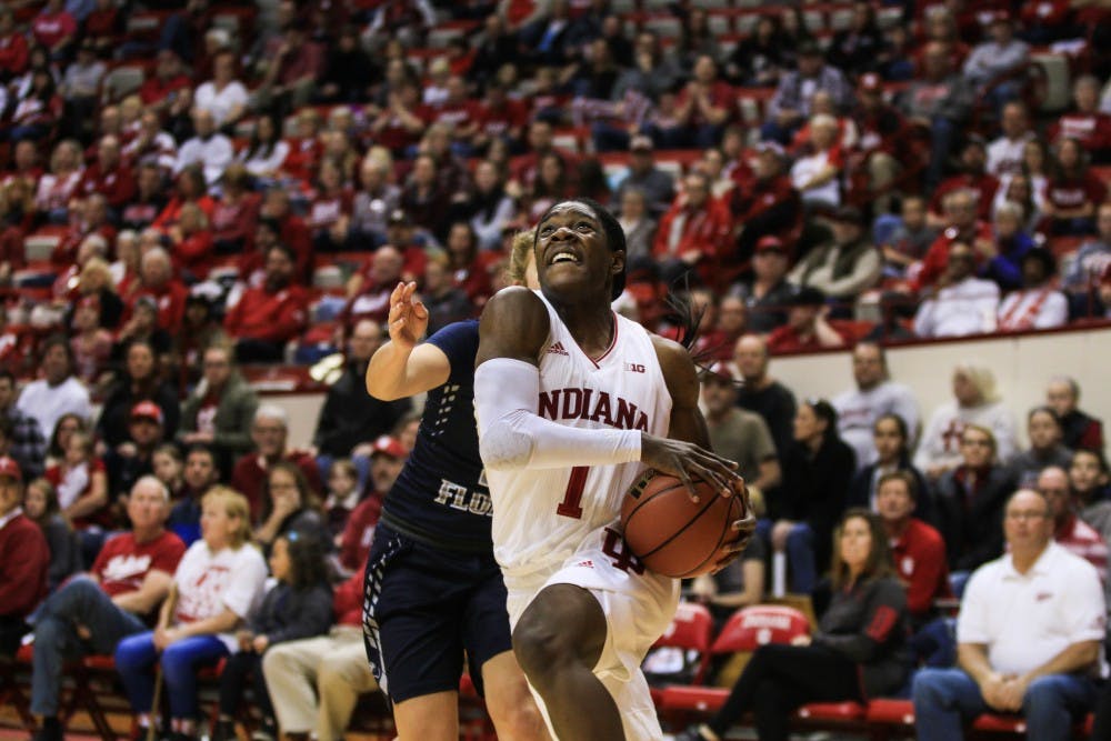 <p>Sophomore guard Bendu Yeaney shoots a basket against University of North Florida on Nov. 18. IU is off to a 5-0 start to the season.</p>