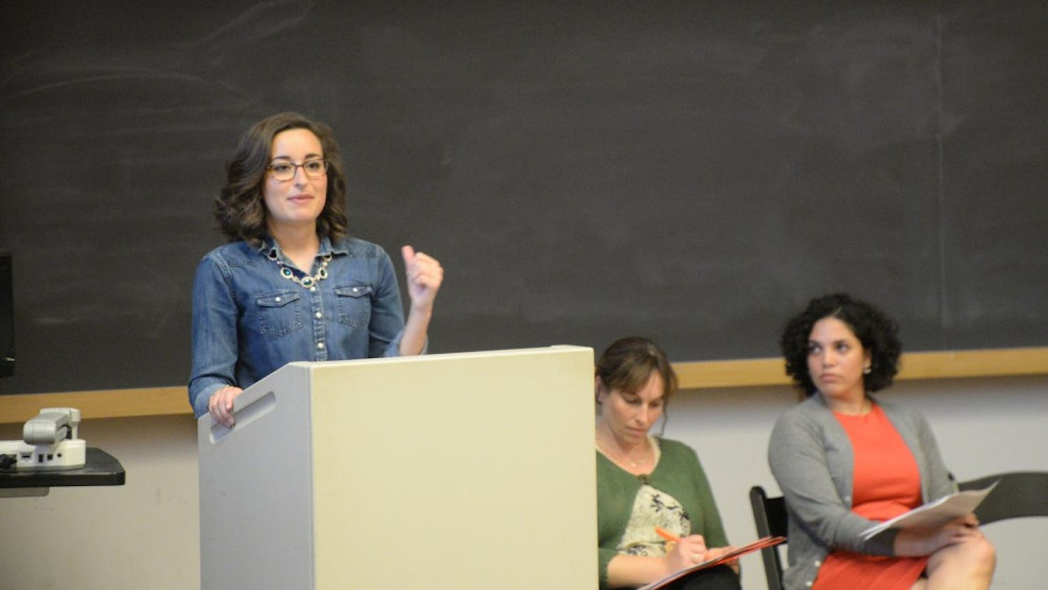 Reagan Kurk gives her speech about free speech at IU. The panel took place Thursday at theatre building.