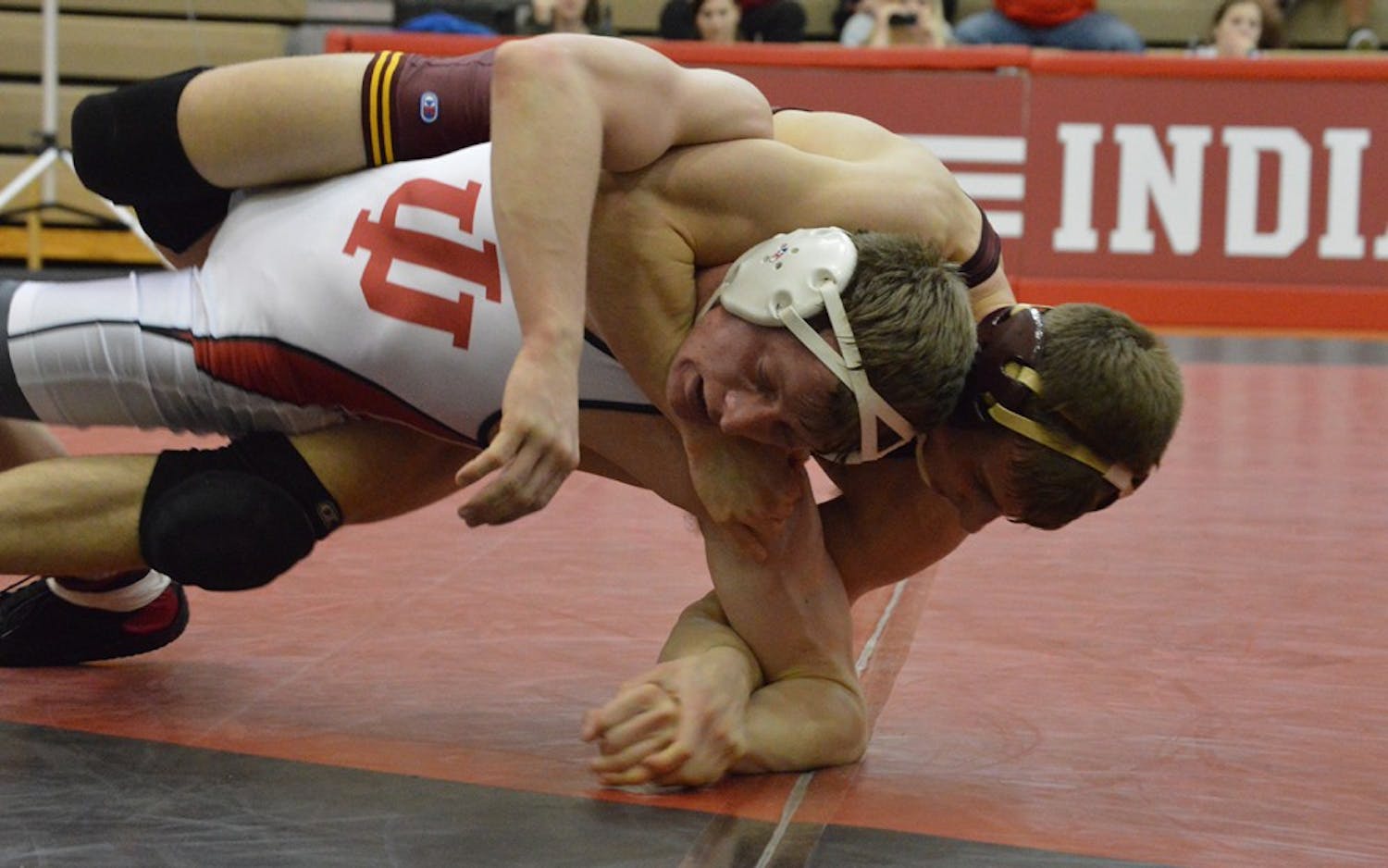 Sophomore Jake&nbsp;Danishek attempts to escape from a takedown during the Hoosiers' match against Minnesota in January. Danishek picked up a win in IU's victory over No. 20 Appalachian State on Sunday.