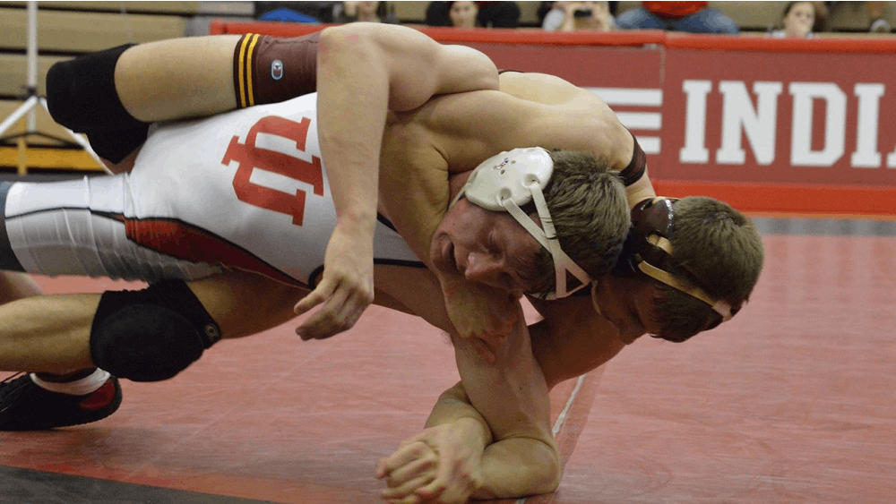 Sophomore Jake&nbsp;Danishek attempts to escape from a takedown during the Hoosiers' match against Minnesota in January. Danishek picked up a win in IU's victory over No. 20 Appalachian State on Sunday.