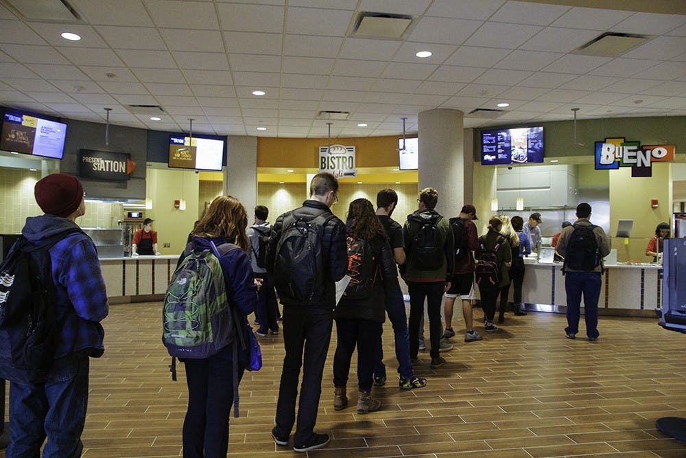 Students wait in line to order from the El Bistro cafe located in Read Hall. El Bistro is undergoing a renovation as part of Read Hall's multiphase improvement project.