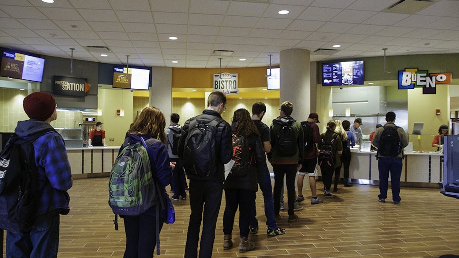 Students wait in line to order from the El Bistro cafe located in Read Hall. El Bistro is undergoing a renovation as part of Read Hall's multiphase improvement project.