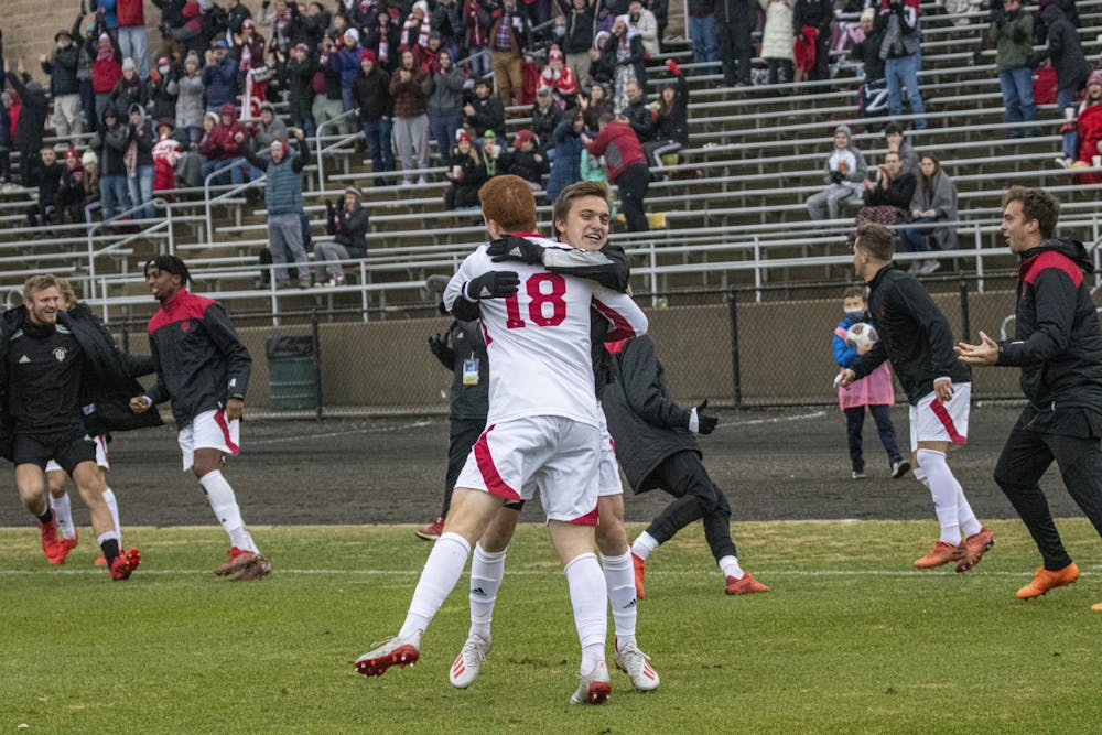 <p>IU redshirt junior forward Ryan Wittenbrink celebrates with a teammate after helping to set up a goal during the match against Bowling Green State University on Nov. 21, 2021, at Bill Armstrong Stadium. Wittenbrink helped to set up a play eventually leading to a junior forward Victor Bezerra&#x27;s goal.</p>