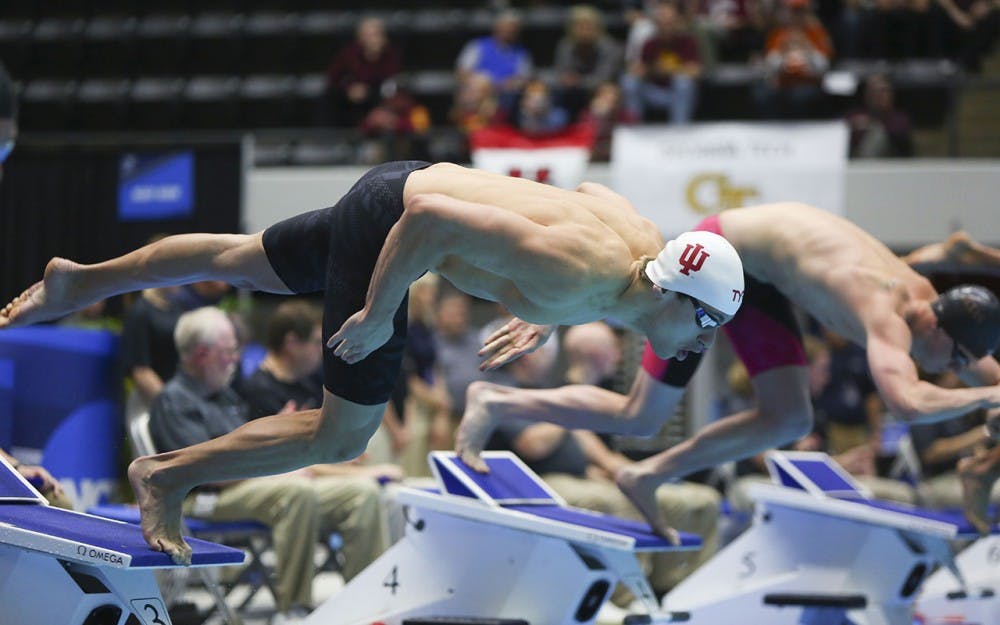 Junior Blake Pieroni competes in the 200 yard freestyle during the 2017 Swimming and Diving Championships.  Pieroni came in 2nd in the contest at the IUPUI natatorium Friday.  