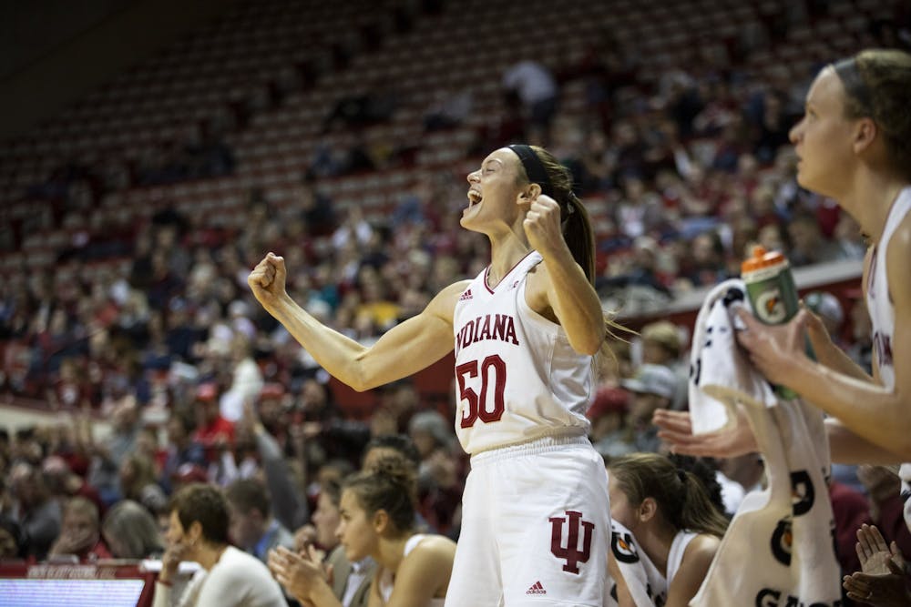 <p>Then-senior Brenna Wise celebrates on the sideline Dec. 15, 2019, in Simon Skjodt Assembly Hall. Wise recorded 1,421 points and 849 rebounds over the course of her career at IU.</p>