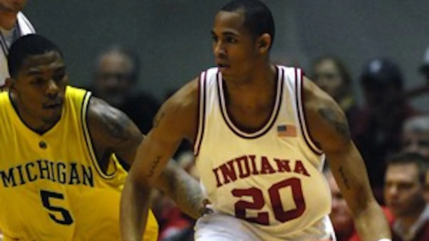 IDS File Photo
Junior guard A.J. Ratliff drives past Dion Harris during the second half of the IU victory over Michigan Saturday, Jan. 27, 2007 at Assembly Hall. Ratliff scored nine points off the bench for the Hoosiers.