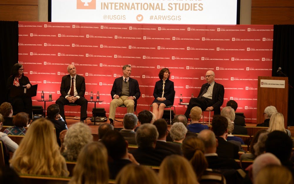 From left to right: Professor of practice Elaine Monaghan moderates panelists New York Times Columnist Roger Cohen; former Rep. Lee Hamilton, D-9th district; Research Fellow at the Stanford University Hoover Institution Kori Schake; and Executive Director of the National Commission on Terrorist Attacks Upon the United States Philip Zelikow. The topic of the panel was The New Administration's Foreign Policy Inbox, which was part of The School of Global & International Studies' America's Role in the World: Issues Facing the New President event.