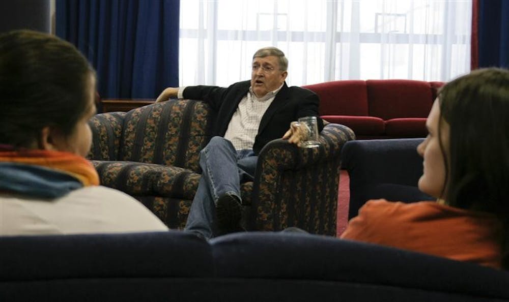 Dean of Students Dick McKaig sits with students Saturday afternoon in the Wright Formal Lounge to answer questions and address their concerns. This year McKaig was presented with a plaque for his attendance in lieu of the mugs he has recieved in years past. 