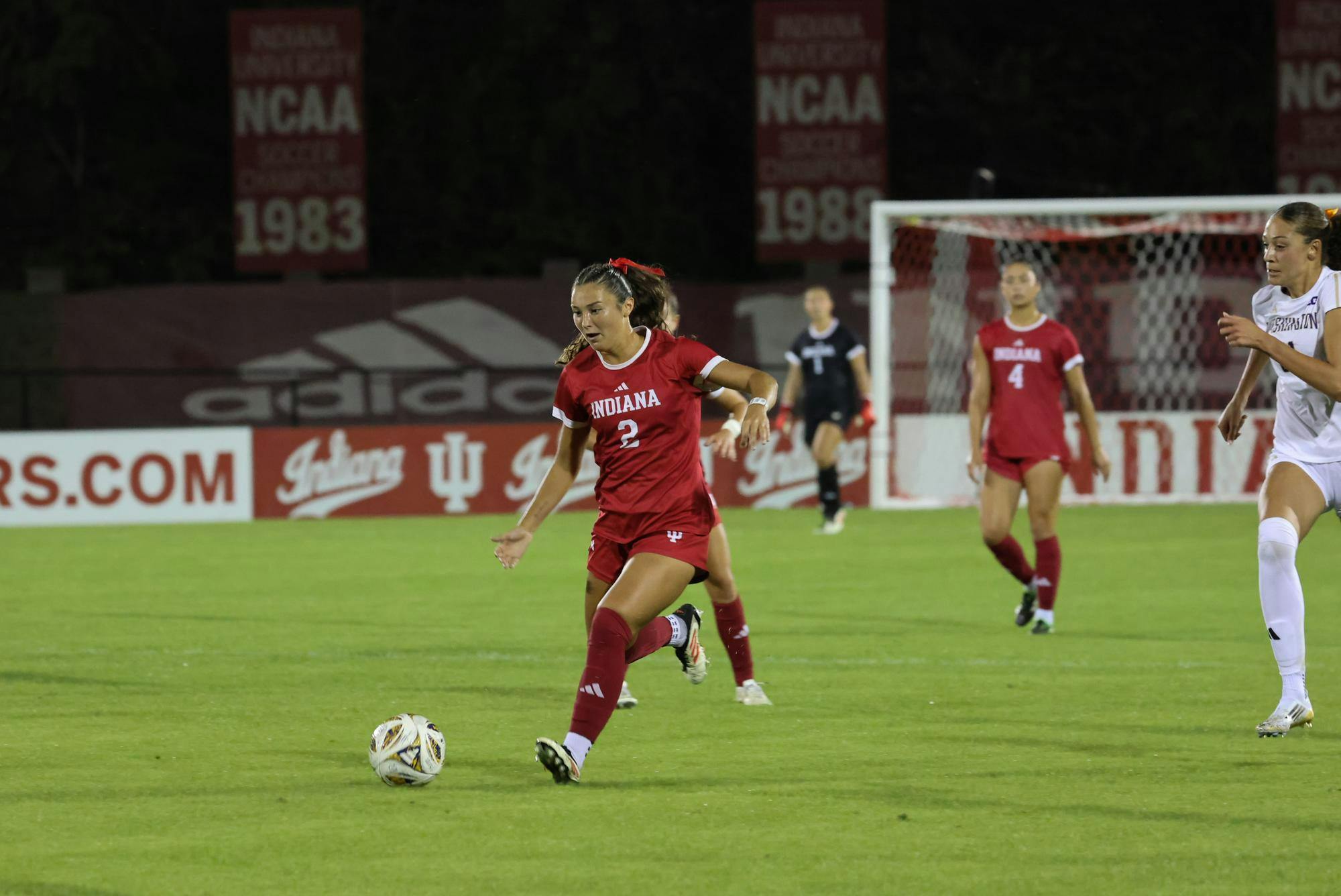 Junior midfielder Kennedy Neighbors dribbles the ball down the field against the Washington Huskies Sept. 25, 2025, at Bill Armstrong Stadium in Bloomington. Neighbors had three shot attempts during their game against the Huskies.
