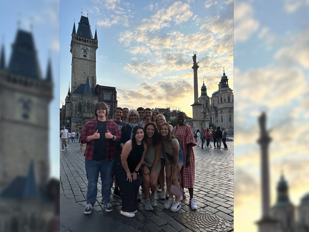 The class of Short Film Productions in Prague stands in front of the Astronomical Clock, June 3, 2023. The class ended Saturday after a three week session.