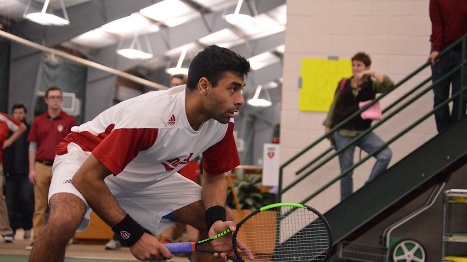 Junior Raheel Manji waits for a Louisville serve during a match on Wednesday, Feb. 8 in the IU Tennis Center. Manji and the Hoosiers will take on Minnesota in the first round of the Big Ten Tournament starting Thursday.