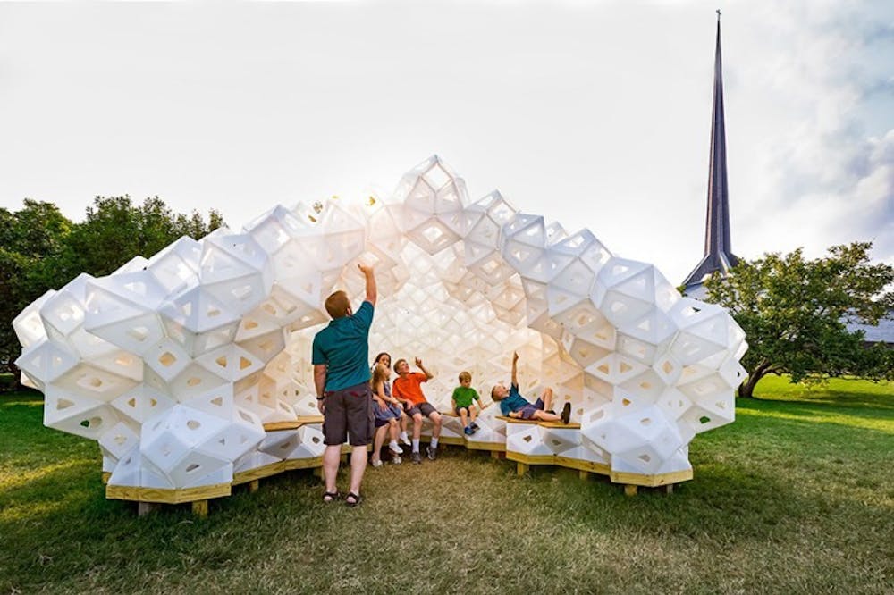 <p>"Synergia", a public architectural pavilion, was designed by IU School of Art and Architecture + Design students in 2017. "Synergia" will be coming to IU over spring break.</p>