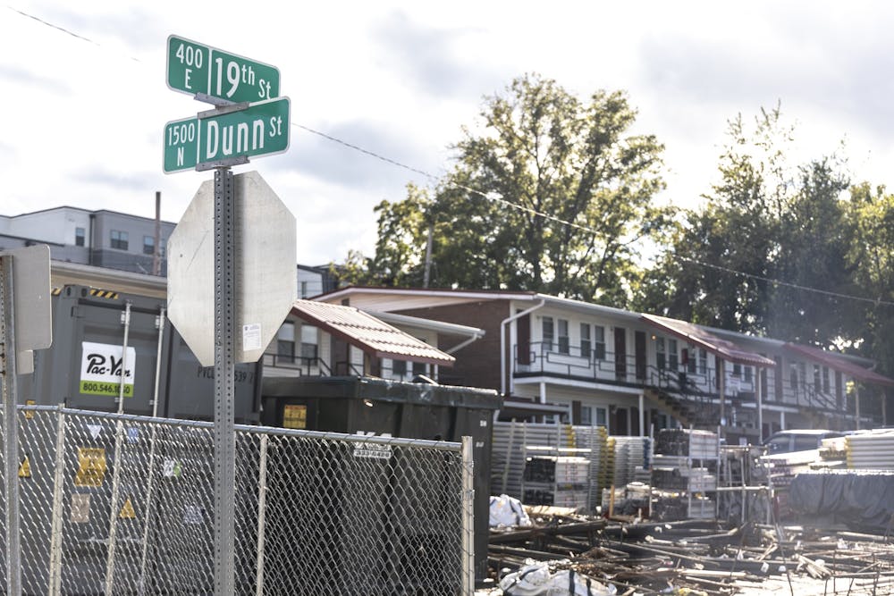 The site of a new apartment complex is seen Sept. 25, 2022, on the corner of 19th and Dunn streets. The six-story apartment building — which is being built by University Properties — is just west of Memorial Stadium, according to the Herald-Times.