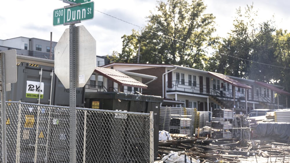 The site of a new apartment complex is seen Sept. 25, 2022, on the corner of 19th and Dunn streets. The six-story apartment building — which is being built by University Properties — is just west of Memorial Stadium, according to the Herald-Times.