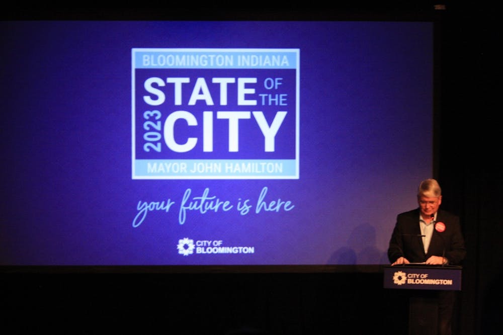 <p>Mayor John Hamilton delivers his eighth State of the City address Feb. 23, 2023, at the Waldron Arts Center. In his address, Hamilton discussed improvements to affordable housing, public safety and sustainability.</p>