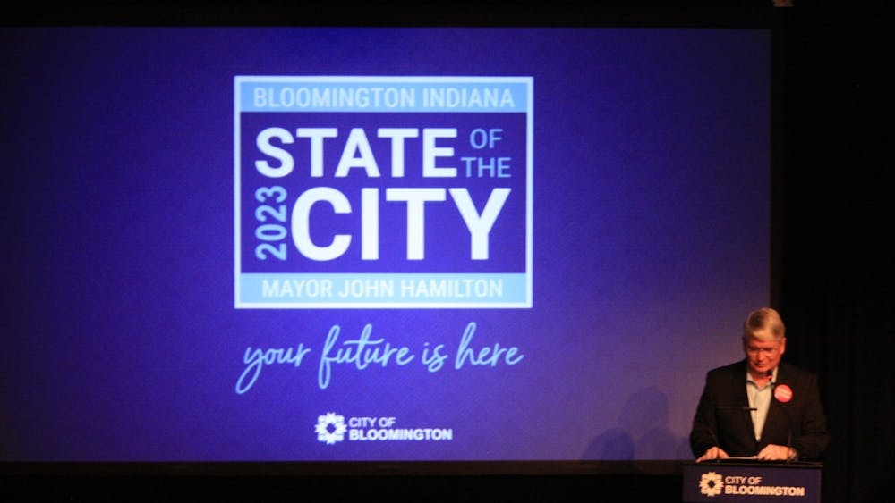 Mayor John Hamilton delivers his eighth State of the City address Feb. 23, 2023, at the Waldron Arts Center. In his address, Hamilton discussed improvements to affordable housing, public safety and sustainability.