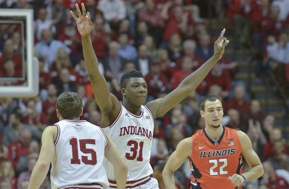 Freshman center Thomas Bryant celebrates after scoring against Illinois on Tuesday at Assembly Hall. The Hoosiers won 103-69.