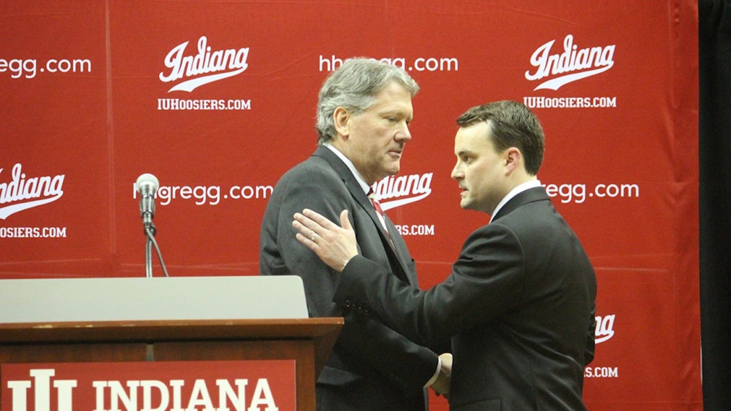 IU Coach Archie Miller and IU Athletics Director Fred Glass shake hands after the press conference to announce Miller's hiring.
