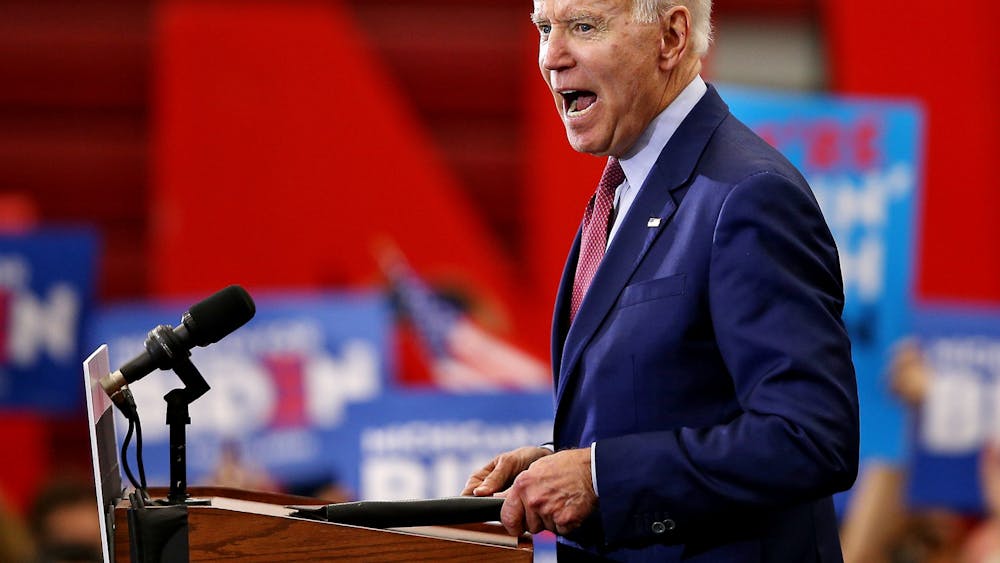 Former Vice President Joe Biden addresses supporters during a campaign rally March 9 at Renaissance High School in Detroit.