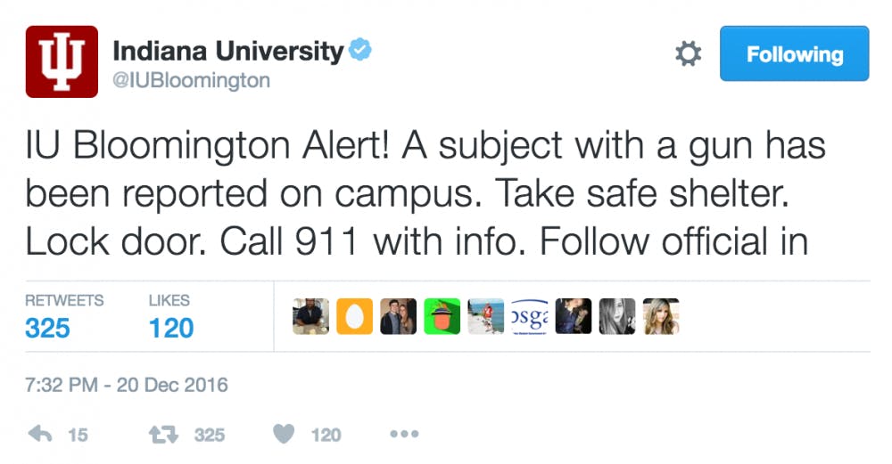 An IU Bloomington Alert was issued for a reported subject with a gun near 10th and Union Streets on the IUB campus Tuesday night.&nbsp;At approximately 8:11 p.m. students were notified that the IUPD alert was lifted. No criminal charges are being sought for the incident, according to the IUPD press release.