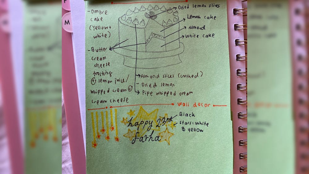 A design for a birthday cake is drawn in a notebook. 
