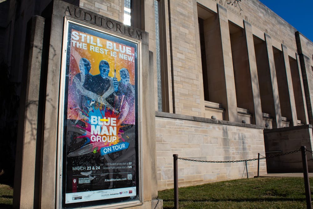 <p>The Blue Man Group Tour promotion outside of the IU Auditorium March 9, 2022. &quot;Blue Man Group&quot; will perform at 7:30 p.m. March 23 and 24 at IU Auditorium as a part of its new North American tour.</p>