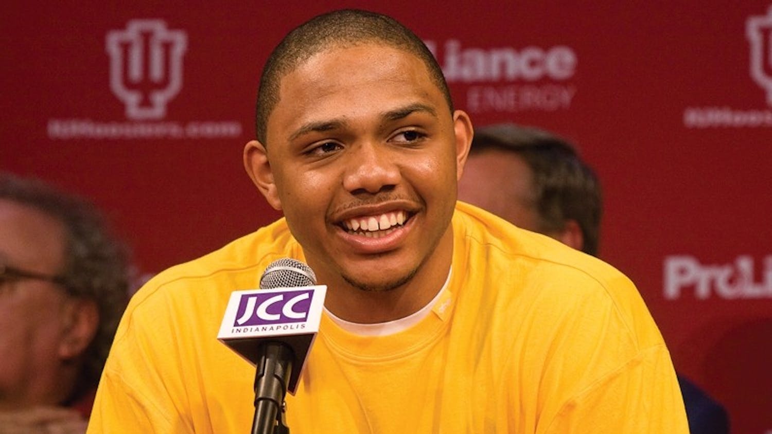 IU freshman Eric Gordon laughs during a press conference to declare his intentions to enter the NBA Draft April 7 at the Jewish Community Center in Indianapolis. Gordon, IU's top scorer during the season, set a school record for most points scored by a freshman.