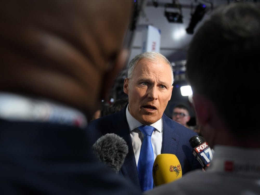 Washington Gov. Jay Inslee speaks to press after the second Democratic primary debate July 31 at the Fox Theatre in Detroit, Michigan. 
