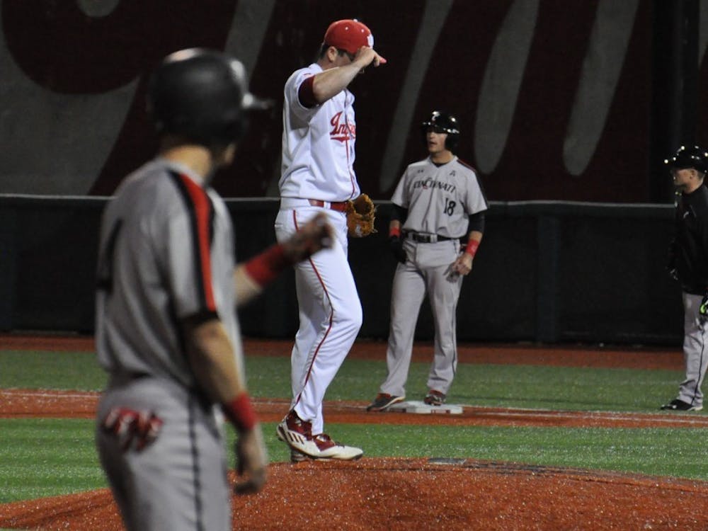 Then-sophomore pitcher Brian Hobbie, now-junior, takes the mound with bases loaded in the top of the ninth inning March 29, 2016, at Bart Kaufman Field. IU faces Oklahoma University on Feb. 16.