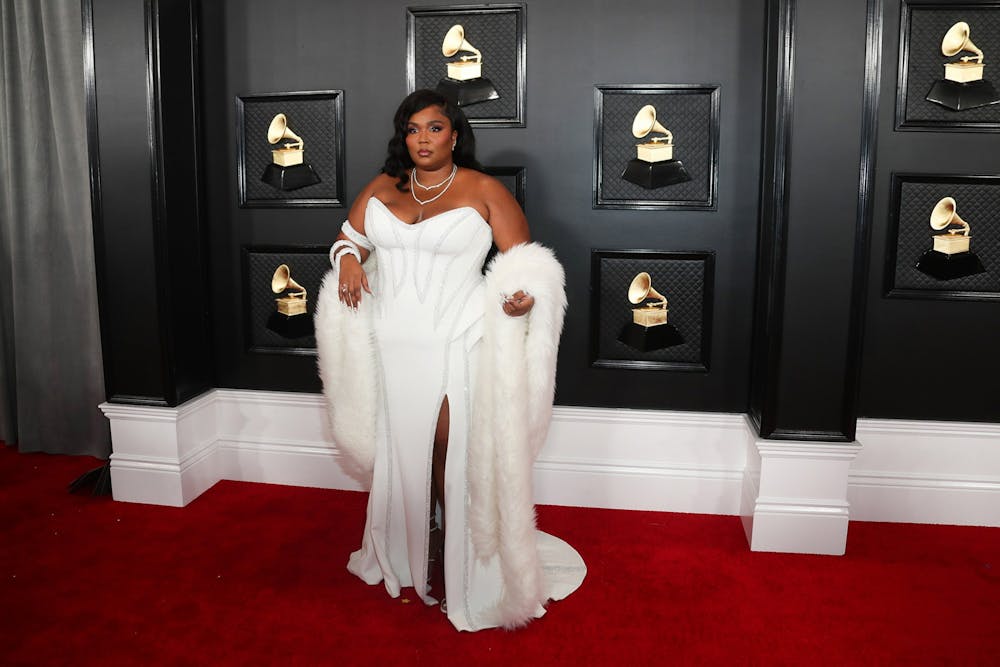 <p>Lizzo arrives for the 62nd Grammy Awards on Jan. 26 at Staples Center in Los Angeles.</p>