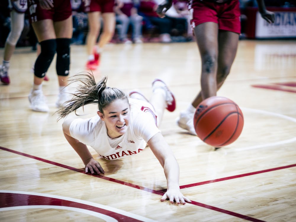 Freshman forward Lilly Meister dives after a ball Jan. 15, 2023, at Simon Skjodt Assembly Hall in Bloomington. Indiana women&#x27;s basketball defeated Tennessee Tech 74-44 on March 18 to advance to the second round of the NCAA Tournament.
