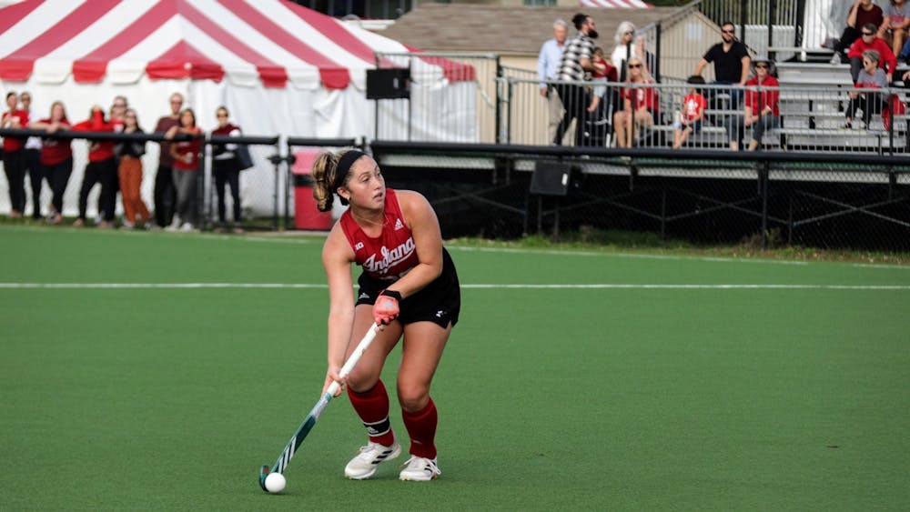 Senior midfielder Jes McGivern looks down the field during a match against Michigan State University on Oct. 15, 2021, at the IU Field Hockey Complex. Indiana begins the Big Ten Tournament on Nov. 4 against No. 2 seeded Rutgers. 
