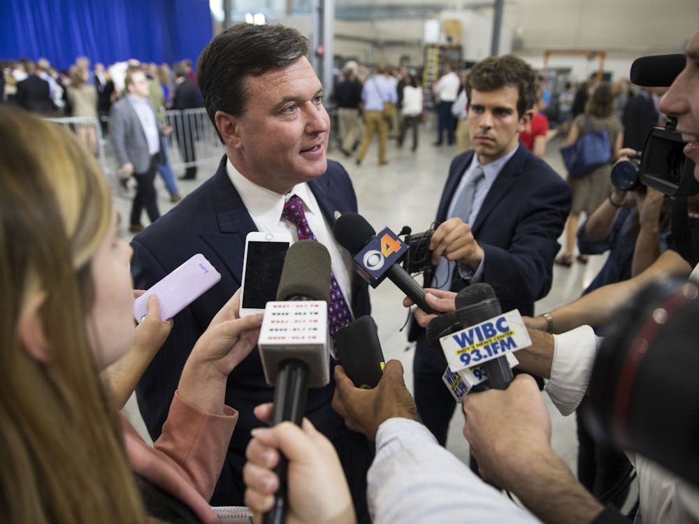 Then-U.S. Rep. Todd Rokita speaks with the press after hearing former Vice President Mike Pence speak Sept. 22, 2017, at the Wylam Center of Flagship East in Anderson, Indiana.