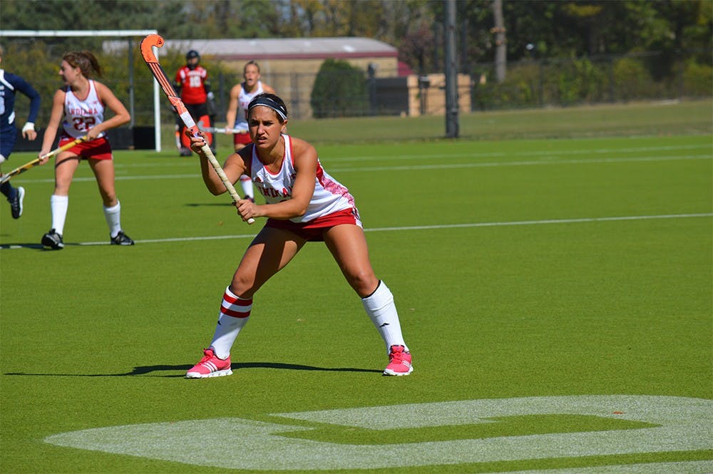Red-shirt senior forward Nicole Volgraf waits for the ball to be put into play during the game against Penn State Sunday afternoon at the IU Field Hockey Complex. The Hoosiers defeated the Nittany Lions 1-0.