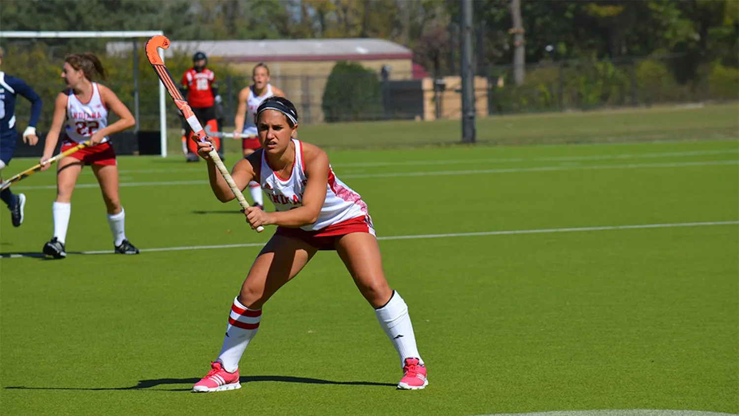Red-shirt senior forward Nicole Volgraf waits for the ball to be put into play during the game against Penn State Sunday afternoon at the IU Field Hockey Complex. The Hoosiers defeated the Nittany Lions 1-0.