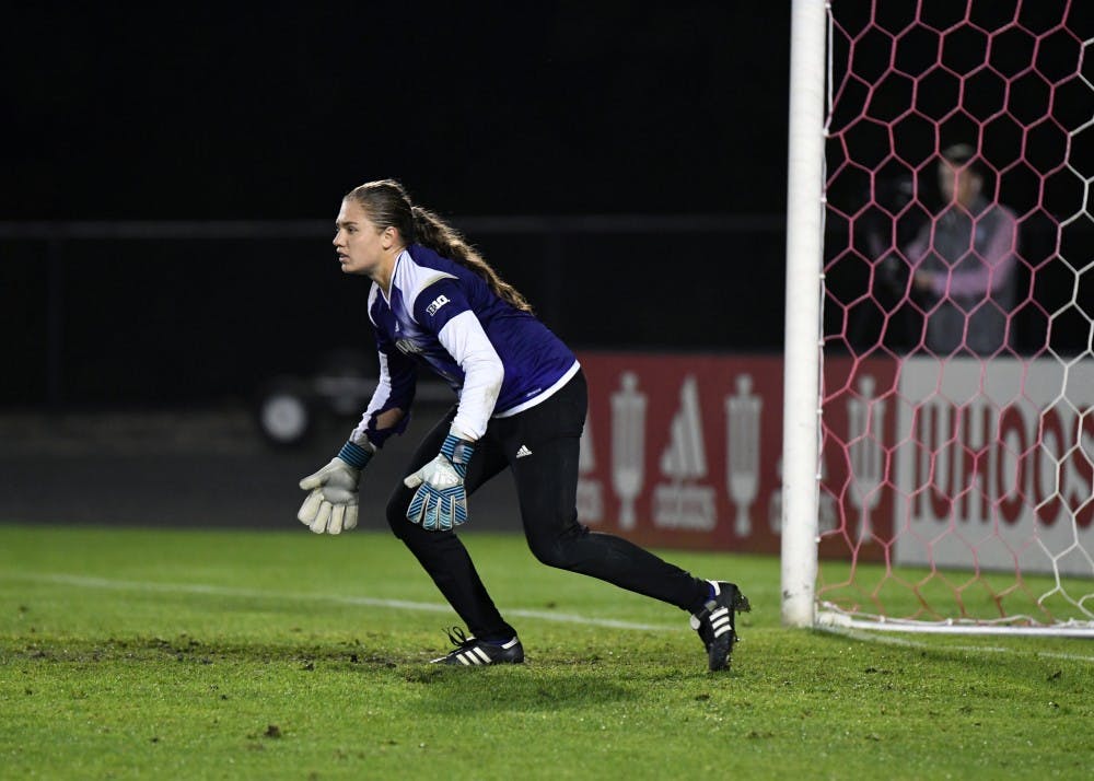 <p>Then-freshman goalkeeper Bethany Kopel gets in position against Iowa at Bill Armstrong Stadium. The IU women's soccer team lost to Nebraska in overtime, 4-3, and will play at Iowa on Sunday.&nbsp;</p>
